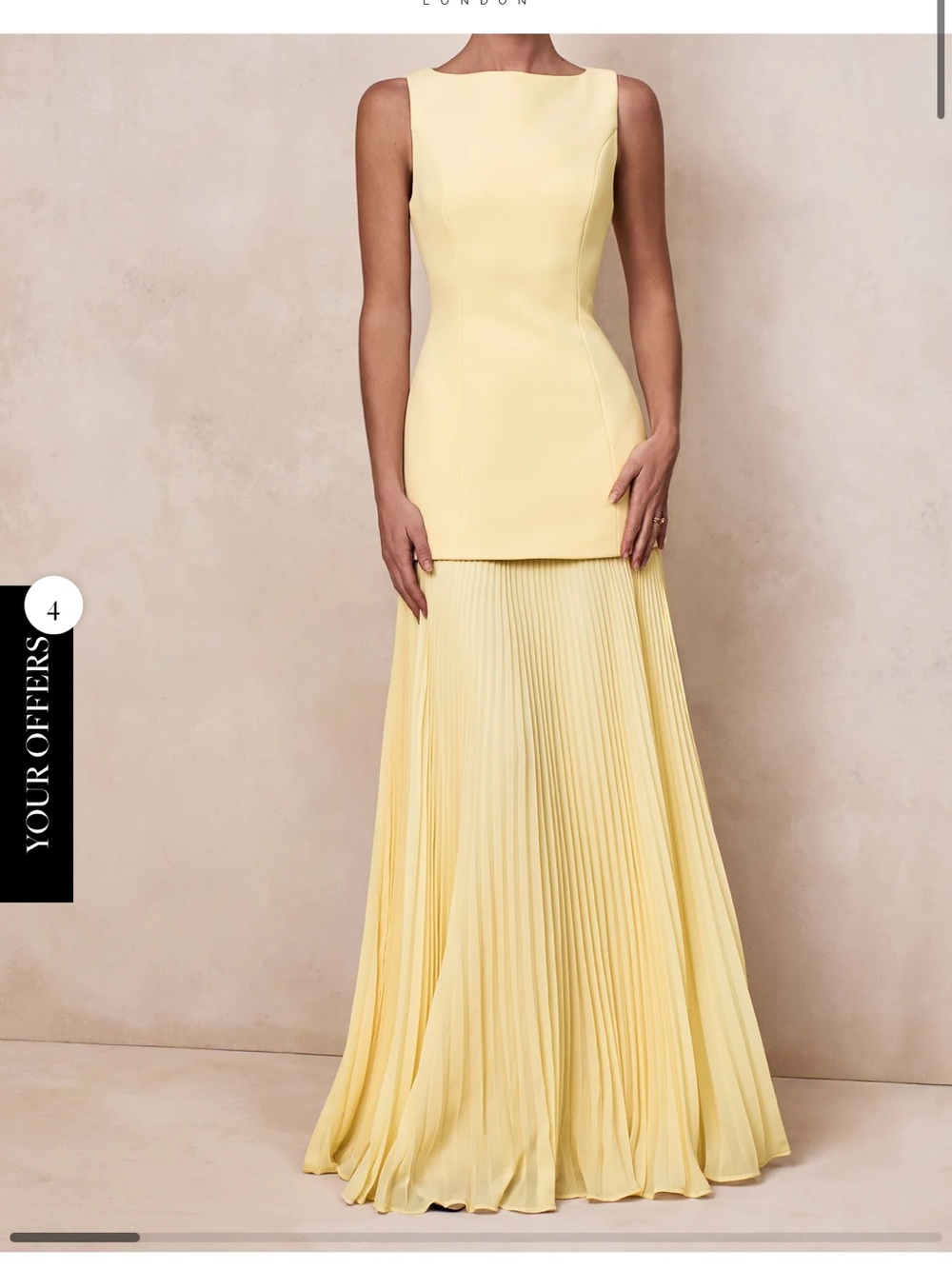 Club L London HADLEY Lemon Yellow Pleated Maxi Dress Boat Neck Size US 6